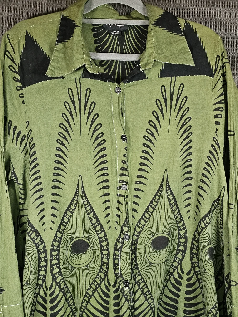 Asymmetrical Button-Front Dress in Olive Green with Black Print